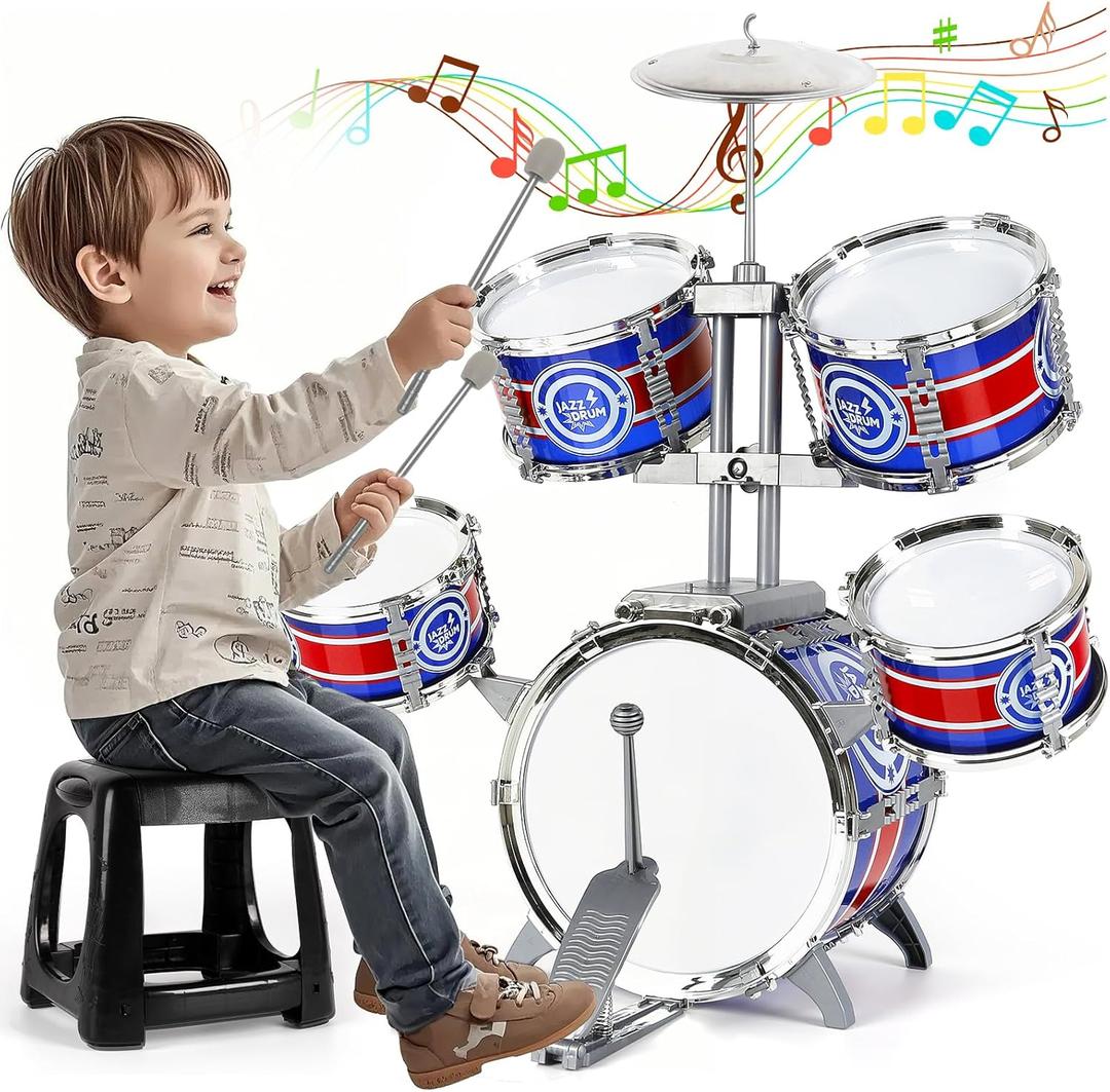Kids Drum Set, Drum Set for Toddlers with Stool Upgraded Plastic Rock Jazz Drum Kit Musical Instruments Toys Gifts for 1-12 Years Boys Girls (Large)