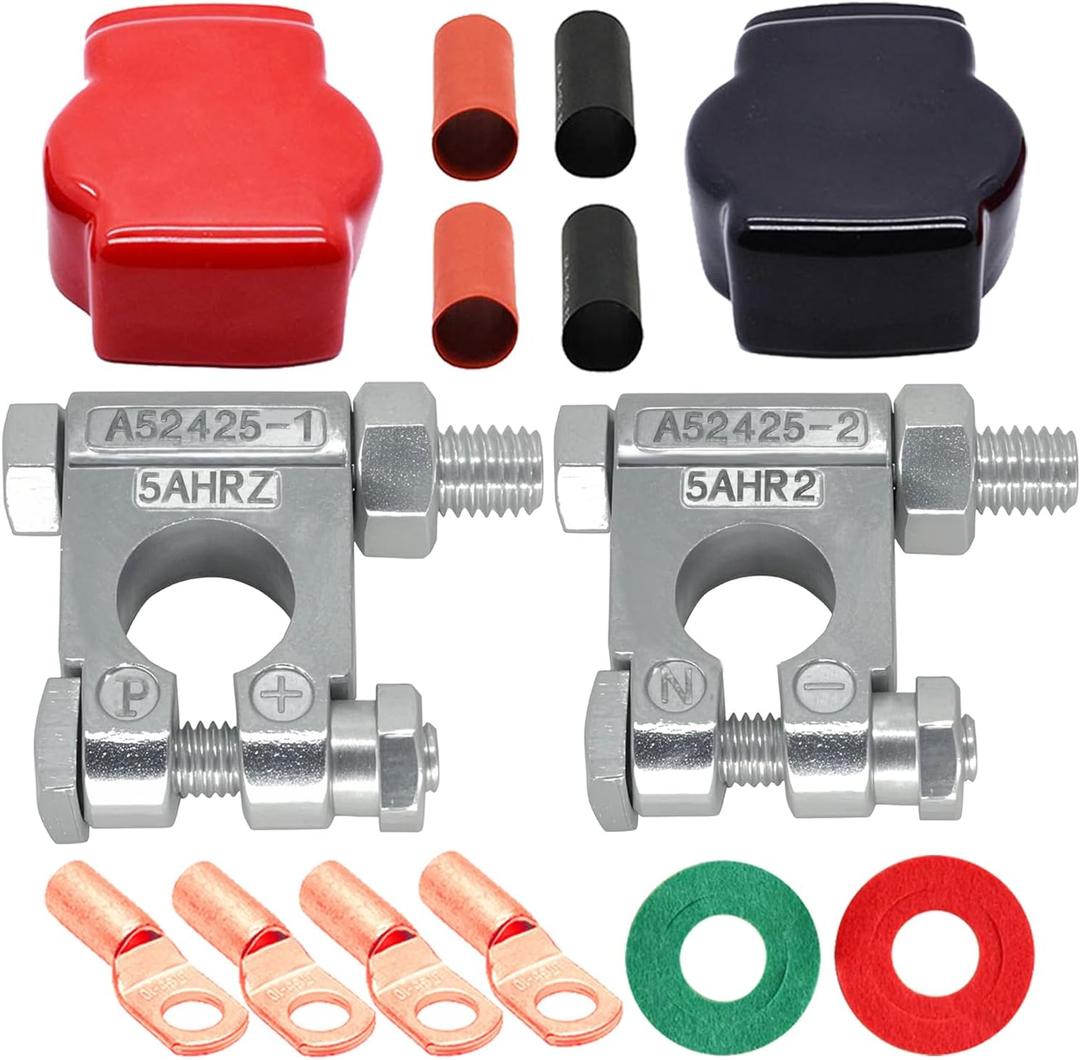 DLronwey Battery Terminal Connectors,Military Spec Positive Negative Heavy Duty Battery Terminals with 4 pcs 2 Gauge 3/8" Copper Lugs,4 Heatshrink,2 Cover and Anti Corrosion Washers