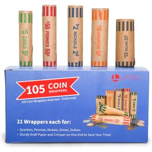 L LIKED Preformed Coin Roll Wrappers (105 Assorted) - 21 Quarters, 21 Pennies, 21 Nickels 21 Dimes and 21 Dollars (105 pcs)