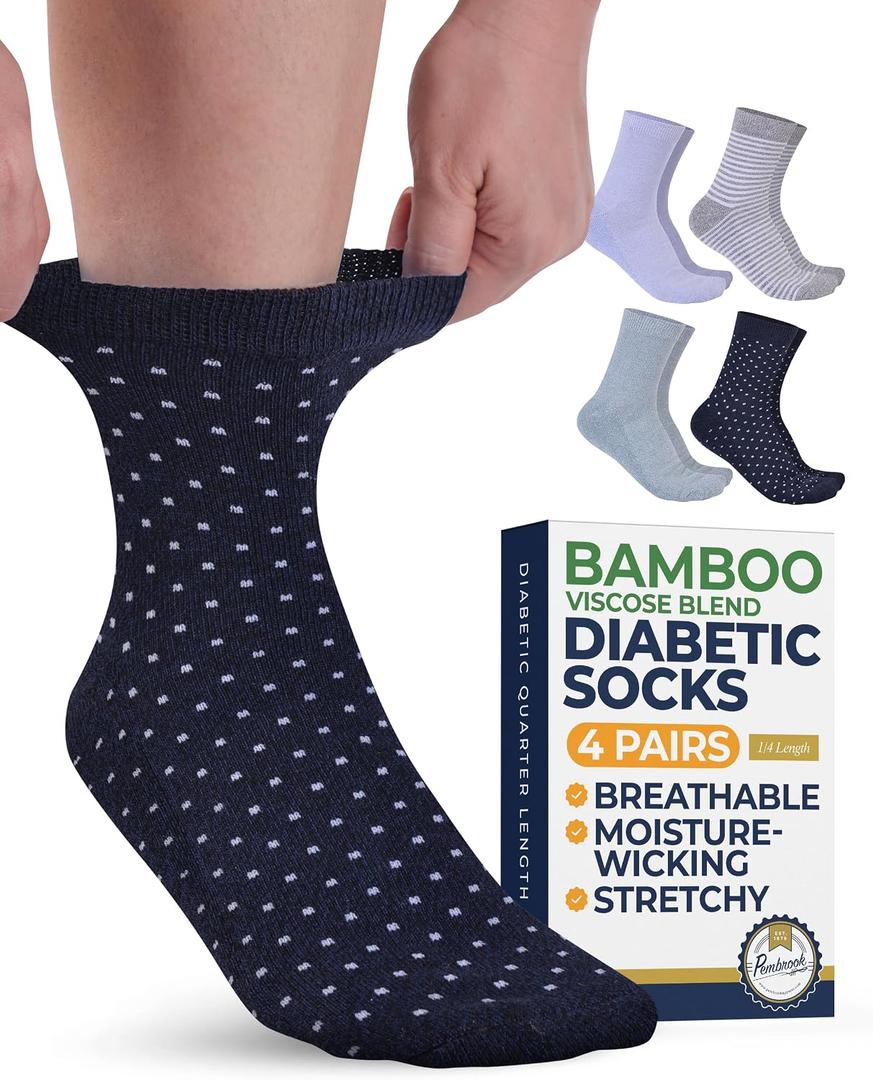 Pembrook Ankle Diabetic Socks for Women & Men - 4 Pairs Bamboo Viscose Smooth Toe Seams, Non Binding, Moisture-Wicking, Wide Top Diabetic Ankle Socks for Women, Gray, Navy, Lilac, Aqua