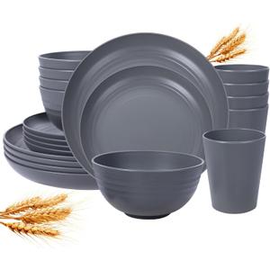 LIYH 16 Pcs Grey Wheat Straw Dinnerware Sets Unbreakable Dinnerware Sets for 4 Plates and Bowls Set Plastic Plates Reusable Straw Tableware Dish Set for 4 Include Plate Bowl Cup (Gray)