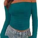 PRETTYGARDEN Fall Tops for Women 2025 Trendy Long Sleeve Crop Mesh Slim Fit Y2K Cute Shirts Going Out Off The Shoulder Top (Lake Blue,X-Large)