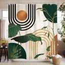 Glawry Extra Long Shower Curtain 72Wx84L Inches Boho Abstract Mid Century Green Tropical Palm Tree Bathroom Minimalist Modern Aesthetic Geometric Bath Accessories Art Home Decor Fabric 12 Pack Hooks (A01-green Gold)