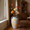13 Inch Handcrafted Retro Ceramic Table Vase, Aged Rustic Clay Decor, Multi-Color Block Coating, Waterproof Slim Neck, for Dining Table Fireplace Shelf Decor