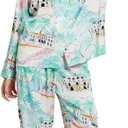 Womens Silk Satin Pajamas Set Button Down 2 Piece Pjs Long Sleeve Oversized Sleepwear with Pockets (Small, Green Palm)