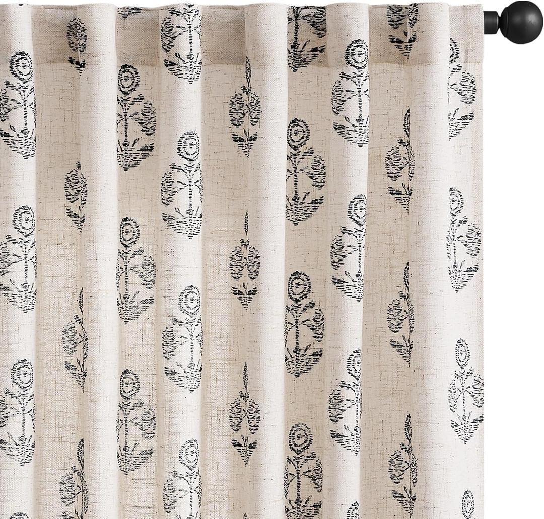 jinchan Linen Floral Curtains for Living Room 96 Inch Length Black Flower Cottage Core Farmhouse Curtains Rod Pocket Back Tab Boho Semi Sheer Window Drapes Bedroom Set 2 Panels Black on Beige