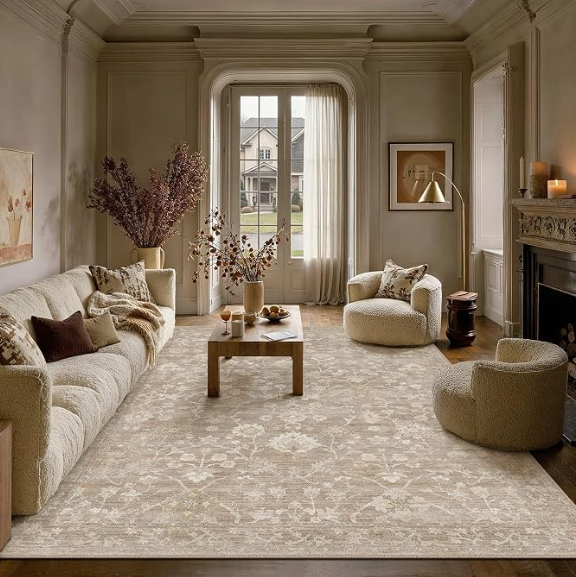 HUGEAR 8x10 Area Rugs Washable Throw Carpet Beige Living Room Bedroom Neutral Rug Non Slip Low Pile Retro Distressed Stain Resistant for Home Aesthetic Modern Decor