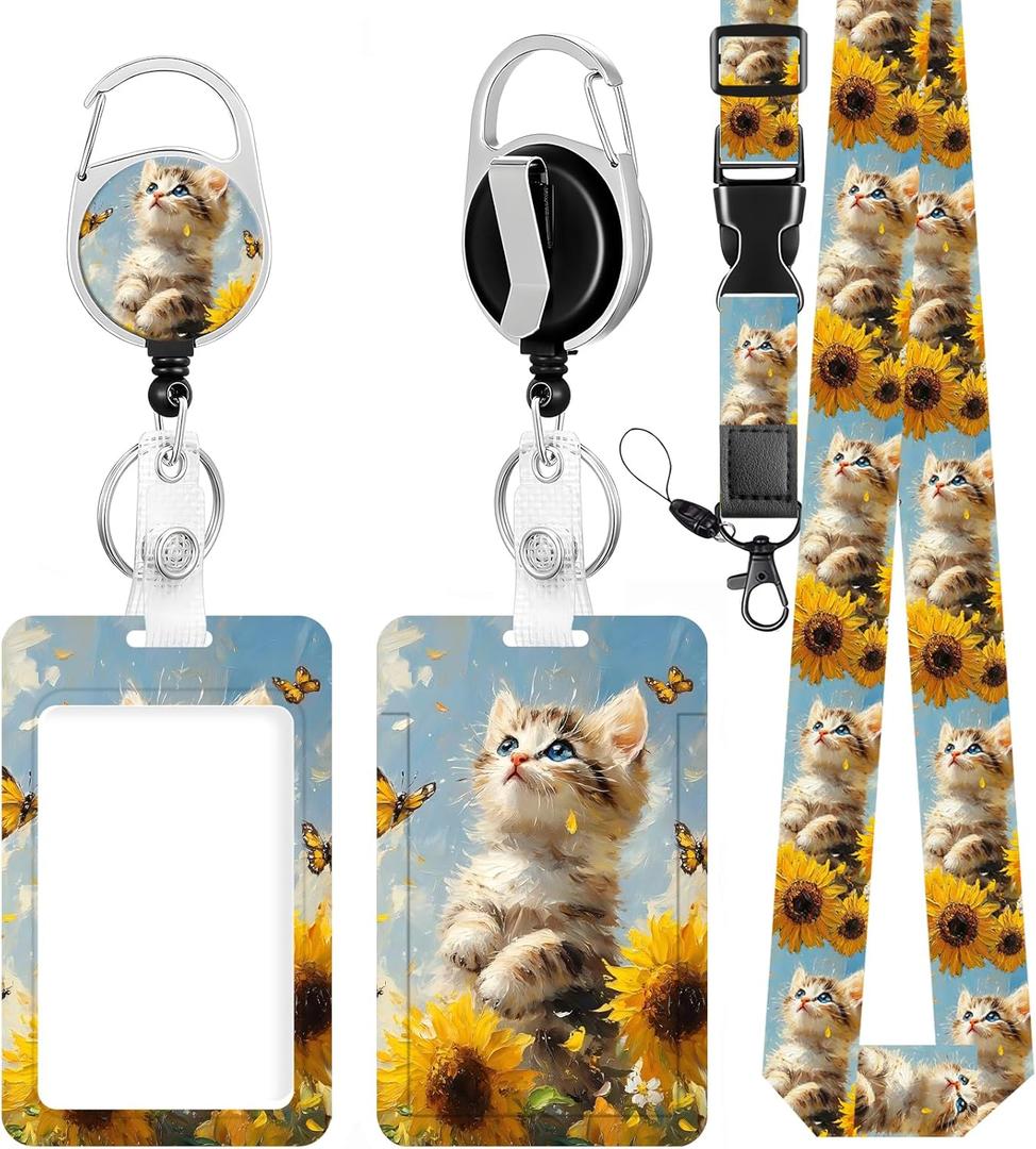 ID Badge Holder with Lanyard, Retractable ID Badge Card Holders Adjustable Lanyard Strap with Badge Reel and Vertical ID Holder for Nurse Students Teachers Office Staff(Sunflower Cat)