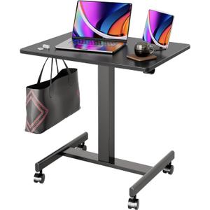 Claiks Mobile Standing Desk, Small Rolling Adjustable Desk with Wheels, Pneumatic Mobile Desks Workstation with Hook, Black (28 inch)