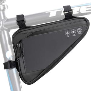 WOTOW Bike Frame Storage Bag, Water Resistant Reflective Bicycle Triangle Bag with Two Side Pockets, Strap-On Under Seat Tool Accessories Pouch for Mountain Road Bike Trip (2L) (Black)