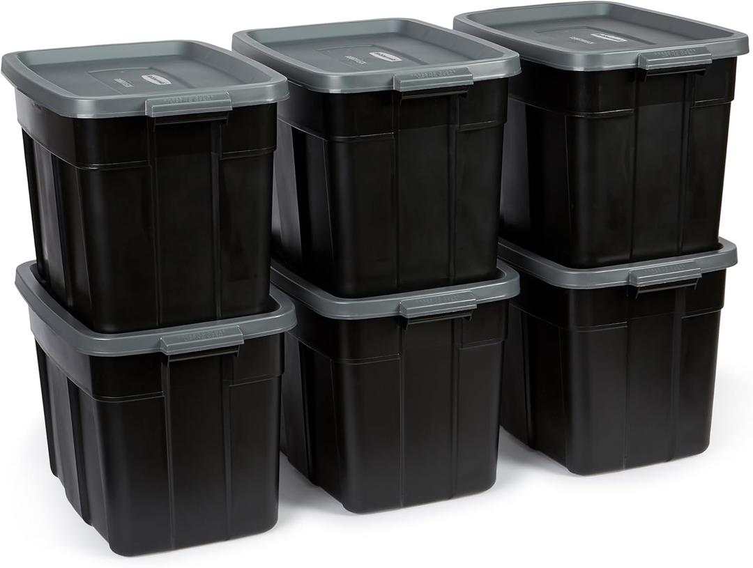Rubbermaid 18 GAL 6 Pack Garage Storage Bins with Stackable Lid, Heavy Duty - Made in USA - Extreme Temperature Resistant, Durable Plastic Containers with Handles - Solid Black and Grey