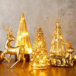 Flutesan 5 Pcs Lighted Mercury Glass Christmas Trees and Reindeer for Tabletop LED Christmas Tree Table Centerpiece Decoration for Home Xmas Party Mantel
