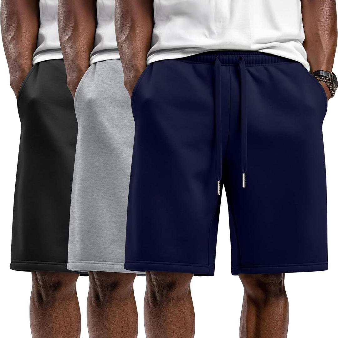 August Alley 3 Pack Men's Workout Sweat Shorts Lounge Elastic Waist Drawstring Joggers Athletic Sweatpants with Pockets
