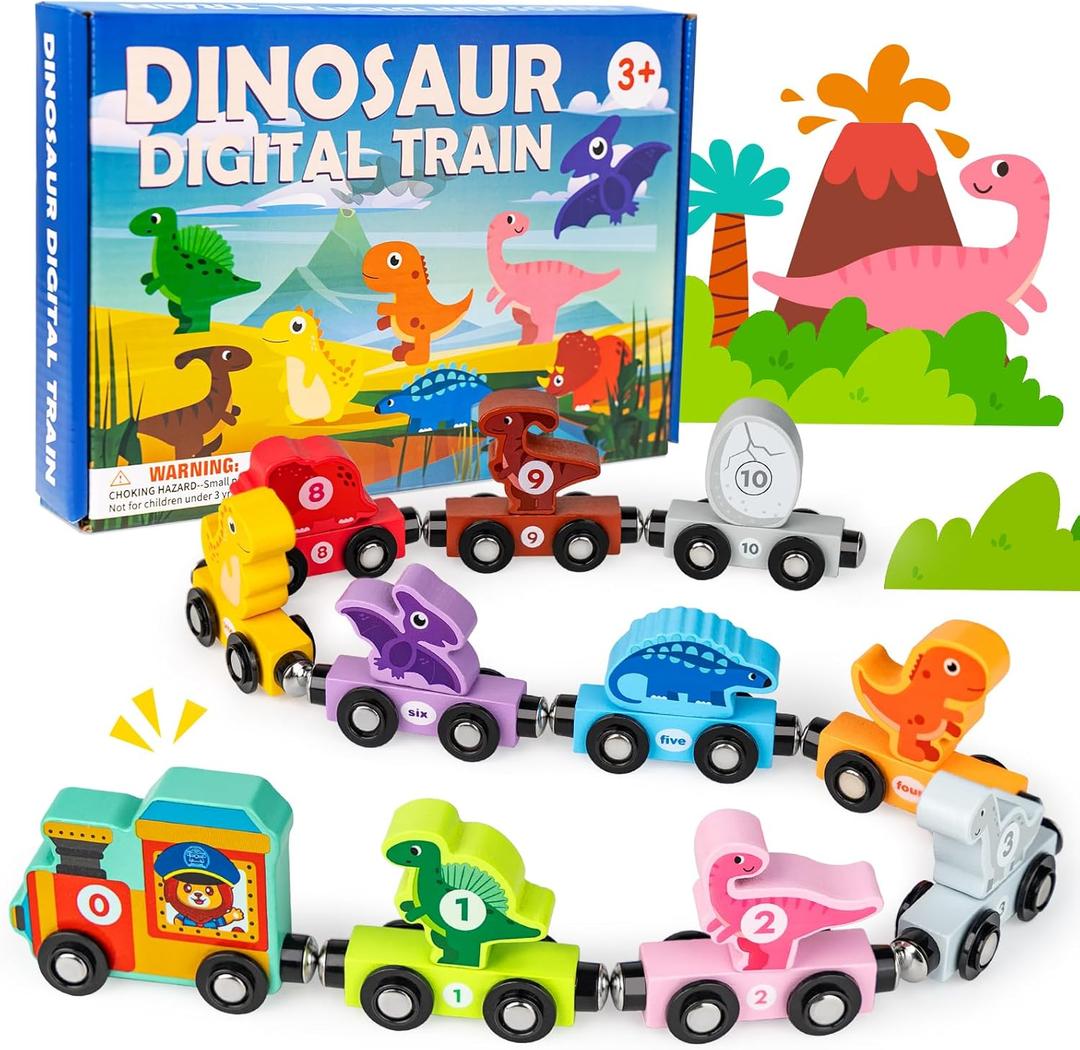 Magnetic Wooden Dinosaur Train Set, Montessori Toys for Toddlers, Preschool Educational Magnetic Dinosaur Toys and Number Train, Learning Activities Holiday Birthday Gifts for Kids Ages 3-5