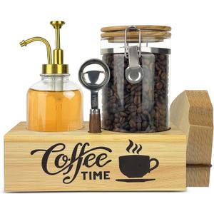 Coffee Storage Container Set with Wooden Base, 40oz Airtight Glass Coffee Bean Jar, 16.9oz Syrup Dispenser, Spoon & Card Holder, Coffee Bar Accessories for Kitchen Counter Organizer