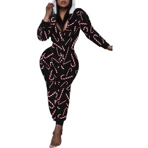 AI'MOURI One Piece Hooded Sleepwear for Women,Sexy Printed Christmas Pajamas Jumpsuit Rompers (Large, Black)