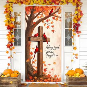 Always Loved Never Forgotten Door Cover Decorations Thanksgiving Porch Sign Maple Leaves Leaf Banner Religious Cross Cardinal Bird Welcome Covers for Autumn Harvest Outdoor Christmas Holiday Supplies