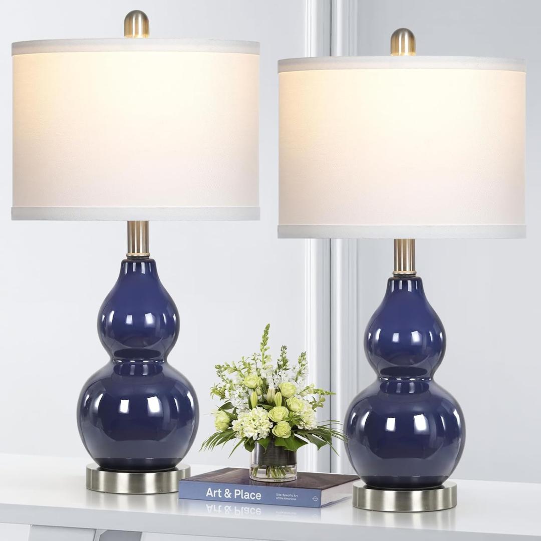 Double Gourd Ceramic Table Lamps Set of 2, Modern Navy Blue Bedside Lamps for Night Stand, Contemporary Nightstand Lamps for Bedroom Living Room 