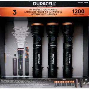 DURACELL Durabeam Ultra Hybrid LED Flashlights, 1200 Lumens, Set of 3, with Rechargeable and AAA Alkaline Batteries