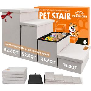 Zerbuger Dog Stairs with Storage 23" H, 4-Step Wider Dog Steps for High Beds Window, Folding Sturdy Pet Stairs Gift for Small/Medium/Large Old Dogs Cat, Ramp for Climbing Car Up to 200 lbs, Beige