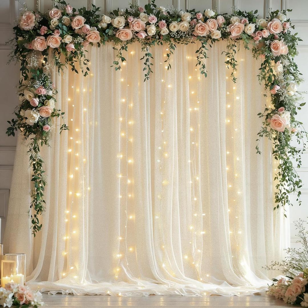 10x10ft Ivory Tulle Backdrop Curtains with Lights String for Parties,Wrinkle Free Sheer Curtain with Lights Wedding Photo Backdop Drapes for Baby Shower Birthday Party Photography Home Decorations (2 Panels(5*10FT))