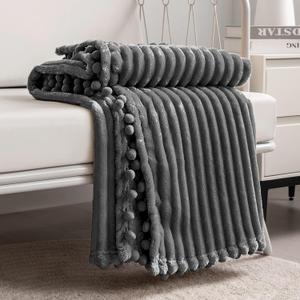 DISSA Fleece Blanket Throw Size  51x63, Dark Grey  Soft, Plush, Fluffy, Fuzzy, Warm, Cozy  Perfect Throw for Couch, Bed, Sofa - with Pompom Fringe - Flannel Blanket Throw Blanket