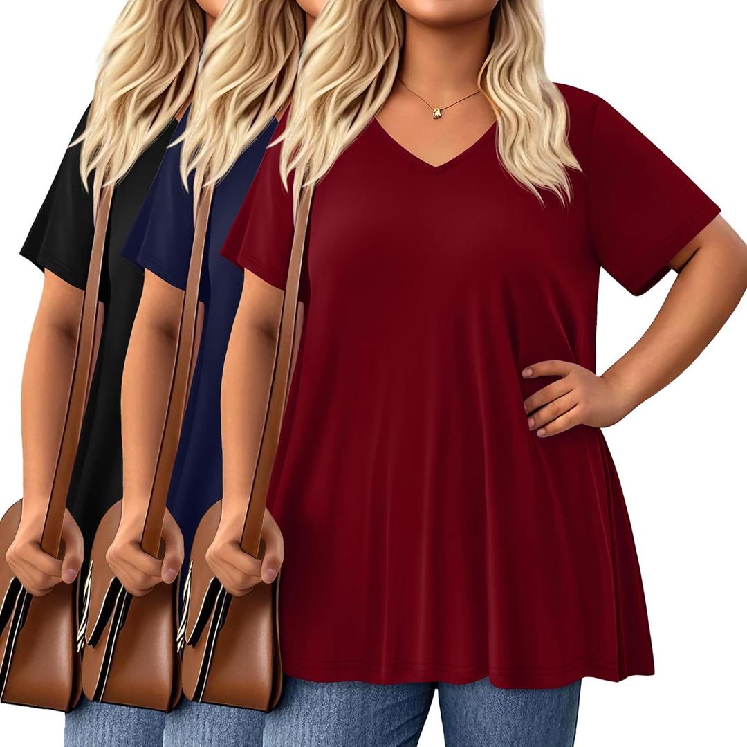 3 Pack Women's Plus Size Tops Short Sleeve Tunic Shirts V Neck Loose Flowy Swing Casual Summer Tees (4X-Large, Black, Navy Blue, Wine Red)