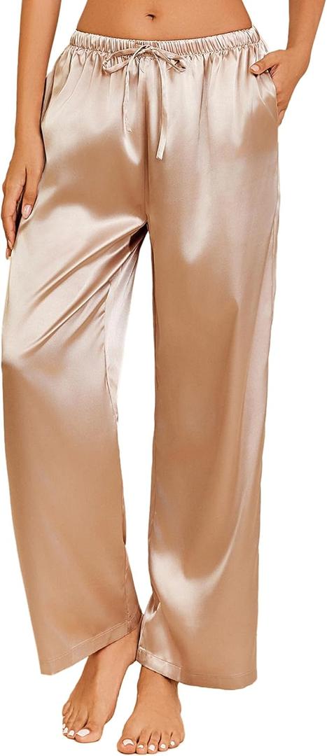 Ekouaer Womens Silk Satin Pajama Pants Casual Loose Lounge Pants Drawstring Elastic Waist Wide Leg Pj Bottoms with Pockets