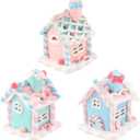 3Pcs Pastel Gingerbread House Ornaments for Christmas Tree Decorations Lighted LED Macaron Color Clay Hanging Candy House Ornament with Rope for Xmas Holiday Party Home Decoration