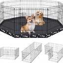 Dog Pen Pet Playpen Dog Fence Indoor Foldable Metal Wire Exercise Puppy Play Yard Pet Enclosure Indoor Outdoor 8 Panels 24 Inch with Bottom Pad (Bottom Cover Fence with Printing)