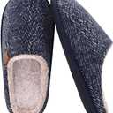 COFACE Womens Cozy Memory Foam Scuff Slippers Ladies Fuzzy Warm Slip On House Shoes With Arch Support, Indoor Outdoor Rubber Sole, Twill Blue Size 6M/7W (Black)