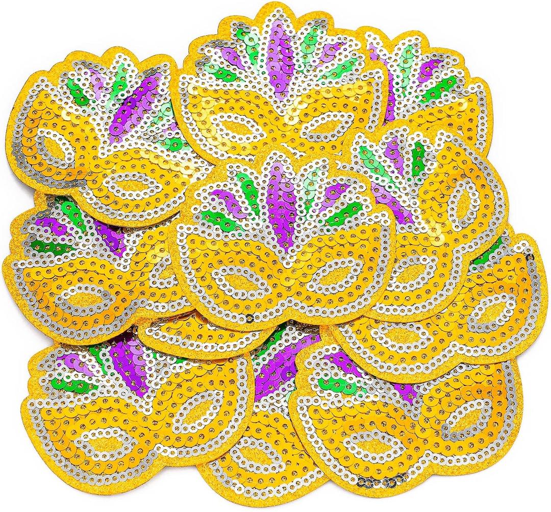 Suncalla 12 Pcs Mardi Gras Sequins Iron on Patches Mardi Gras Mask Patch Purple Gold Green Masquerade Mask Glitter Appliques Iron on Transfers for Carnival DIY Craft Clothing Dress Hats Backpack Decor