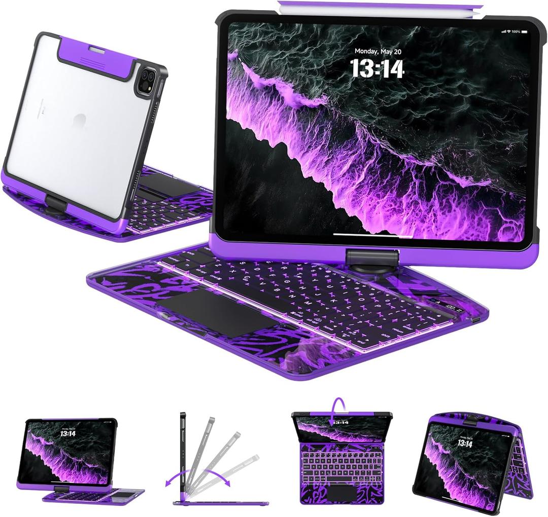 Transparent Case with Keyboard for iPad Air 13 Inch (M3/M2, 2025/2024), iPad Pro 12.9 Inch (6/5/4/3 Gen),7-Color Backlit,Magic wireless Keyboard, 360Rotating,with trackpad,Pencil Holder,Purple