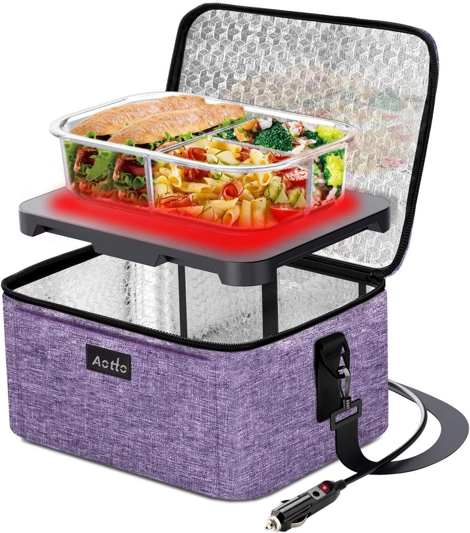 Aotto Portable Oven Electric Lunch Box Food Heater - 12V/24V 2-in-1 Car Food Warmer, Heated Lunch Box for Adults, Cook, Reheat, and Keep Meals Warm for Car, Truck, Travel - Purple (Light Purple)