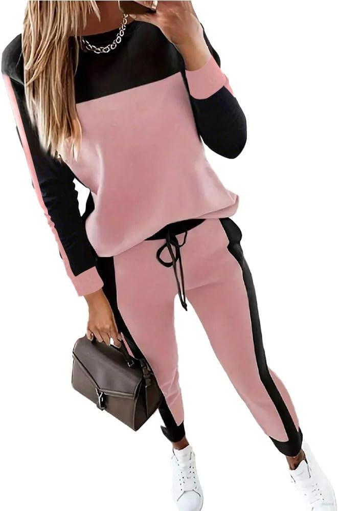 HBQ Womens Color Block 2 Piece Outfits Casual Travel Sweatsuits Lounge Sets 2025 Fall Fashion (Large, Pink)