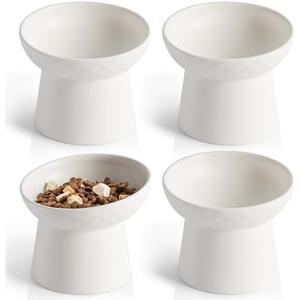 YauYik 4 Pcs Ceramic Raised Cat Bowls, Tilted Elevated Cat Food Bowl, Stress Free, Whisker Fatigue, Backflow Prevention, Dishwasher and Microwave Safe, Food and Water Feeding Bowls Set, White