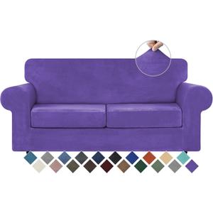 WEERRW Velvet Couch Covers for 2 Cushion Couch Sofa - High Stretch Luxury Velvet Plush 3 Pieces Sofa Slipcovers with Elastic Bottom, Furniture Protector for Pets, Machine Washable, Purple, Medium