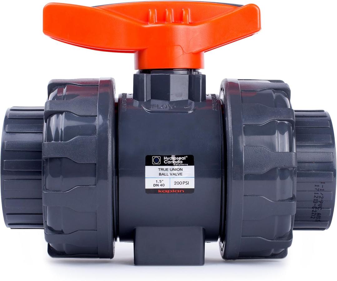Kaplan PVC 1 1/2" True Union Ball Valve with Full Port, ASTM F1970, EPDM O-Rings and Reversible PTFE Seats, Rated at 200 PSI @73F, Gray, 1 1/2 inch Socket (1 1/2")
