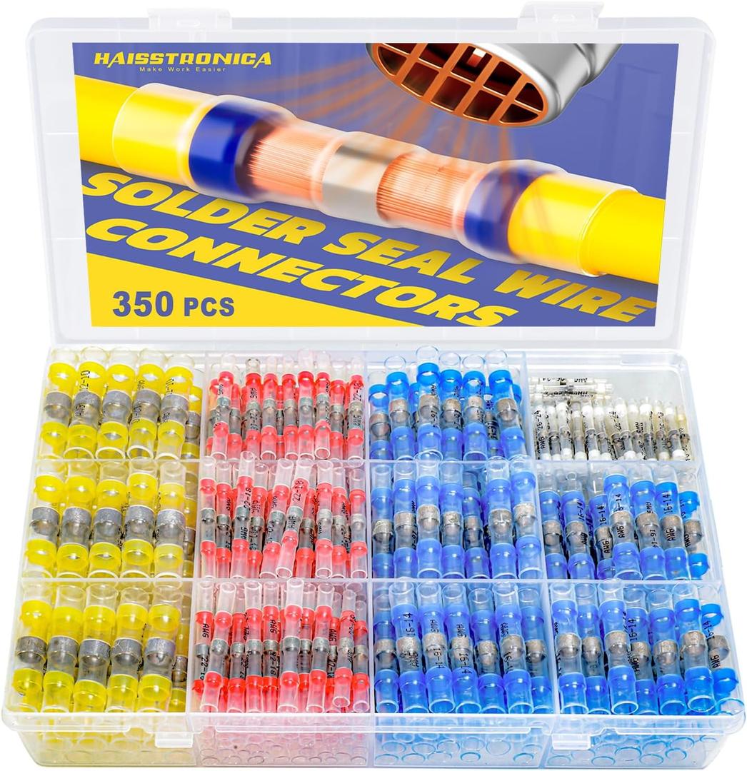 haisstronica 350PCS Solder Seal Wire Connectors Kit, 26-10 Gauge Marine Grade Heat Shrink Waterproof Butt Connectors for Electrical, Stereo, Corrosion and Weatherproof (4 Colors/4 Sizes)