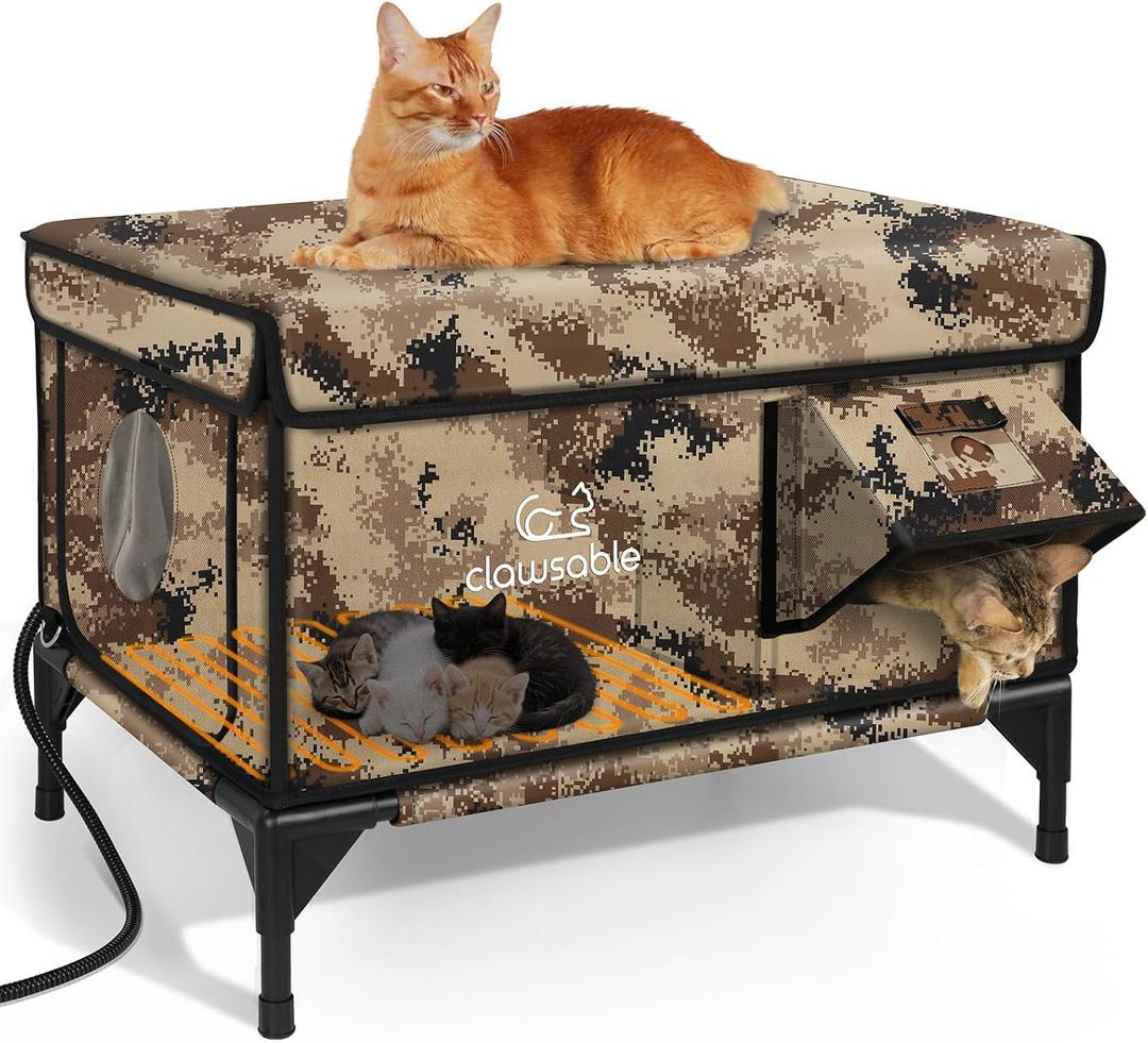Indestructible Heated Cat House for Outside Winter, 100% Waterproof, Safe Escape Door, Insulated Outdoor Cat Shelter with Heater for Feral Barn Cat Kitty (Desert Camouflage, 26"x16"x18")