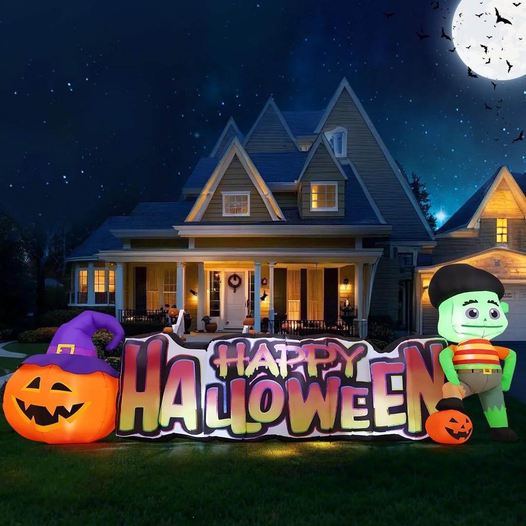 COMIN Halloween Inflatables Outdoor Decorations 11 FT Long Halloween Pumpkin Zombie Blow Up Yard Decoration with Built-in LED for Yard Garden Party Lawn