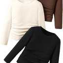 OYOANGLE Toddler Girl's 3 Pack Long Sleeve Ruched T Shirts Crew Neck Plain Tees Basic Layering Tops Apricot Black Brown 4Y (Black)