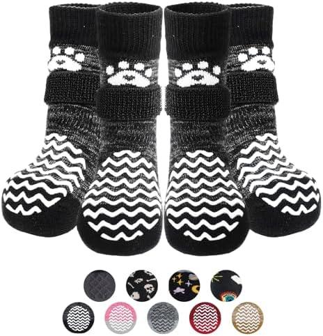 PUPTECK Anti Slip Dog Socks 2 Pairs with Double Grippers for Hardwood Floors, Shoes for Hot/Cold Pavement, Boots & Paws Protectors to Prevent Licking, Traction Booties for Senior Small Large Dogs, Small