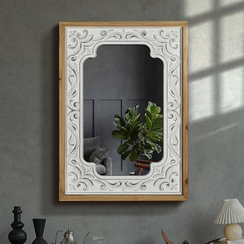 WREVERW Rustic Wood Frame Wall Mirror, Distressed White Floral Carved Design, Vintage Farmhouse Decorative Mirror for Living Room, Bedroom, Bathroom, or Vanity, 16"x22"