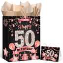 Rumia Rose Gold 50th Birthday Gift Bag with Happy 50th Birthday Greeting Card and Tissue Paper for Women Rose Gold Christmas 50th Bday Gift Wrap Bag for 50 Years Old Party Decorations Supplies
