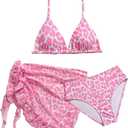RoseSeek Girl's 3 Piece Swimsuits Floral High Waisted Bikini Bathing Suit with Mesh Coverups Skirt Light Pink 8Y