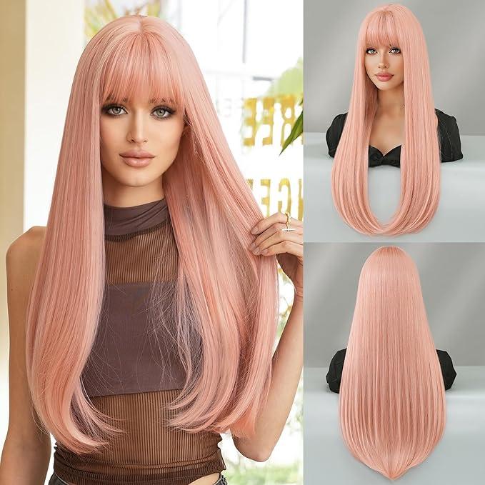 Peach Pink Wig with Bangs for Women 28 Inch Long Straight Synthetic Wig Natural Looking Heat Resistant Fiber Hair for Daily Party Cosplay Use