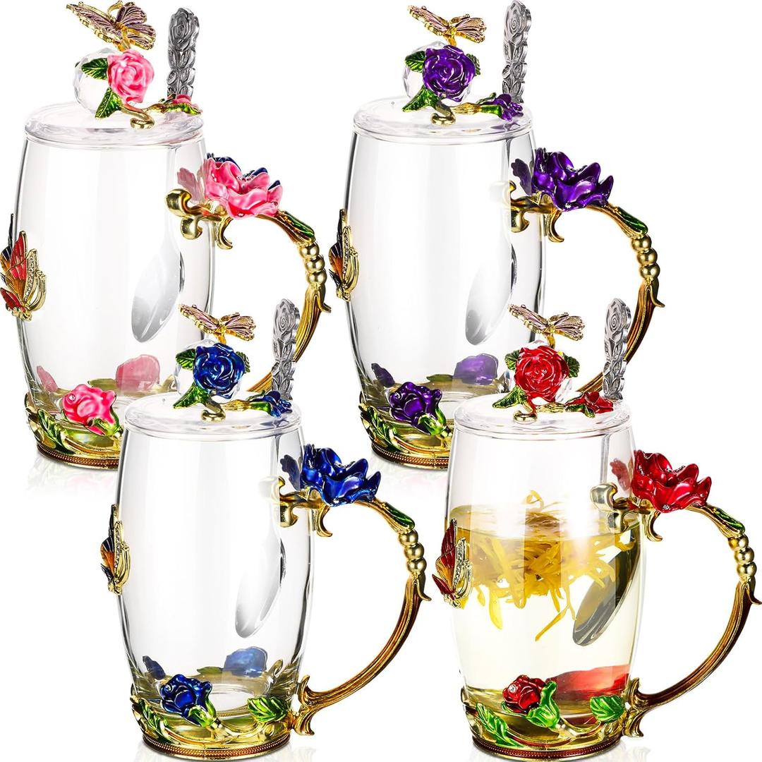 4 Sets Flower Glass Tea Cups with Lids and Spoon Butterfly Vintage Glass Coffee Mugs Floral Fancy Clear Teacup for Mother Day Women Mom Wife Girlfriend(Pink, Purple, Blue, Red,12 oz)
