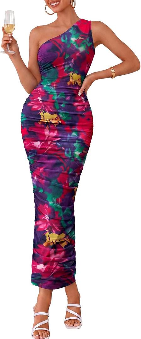PRETTYGARDEN Wedding Guest Dresses for Women Summer 2026 One Shoulder Ruched Mesh Bodycon Cocktail Beach Floral Maxi Dress (XL)