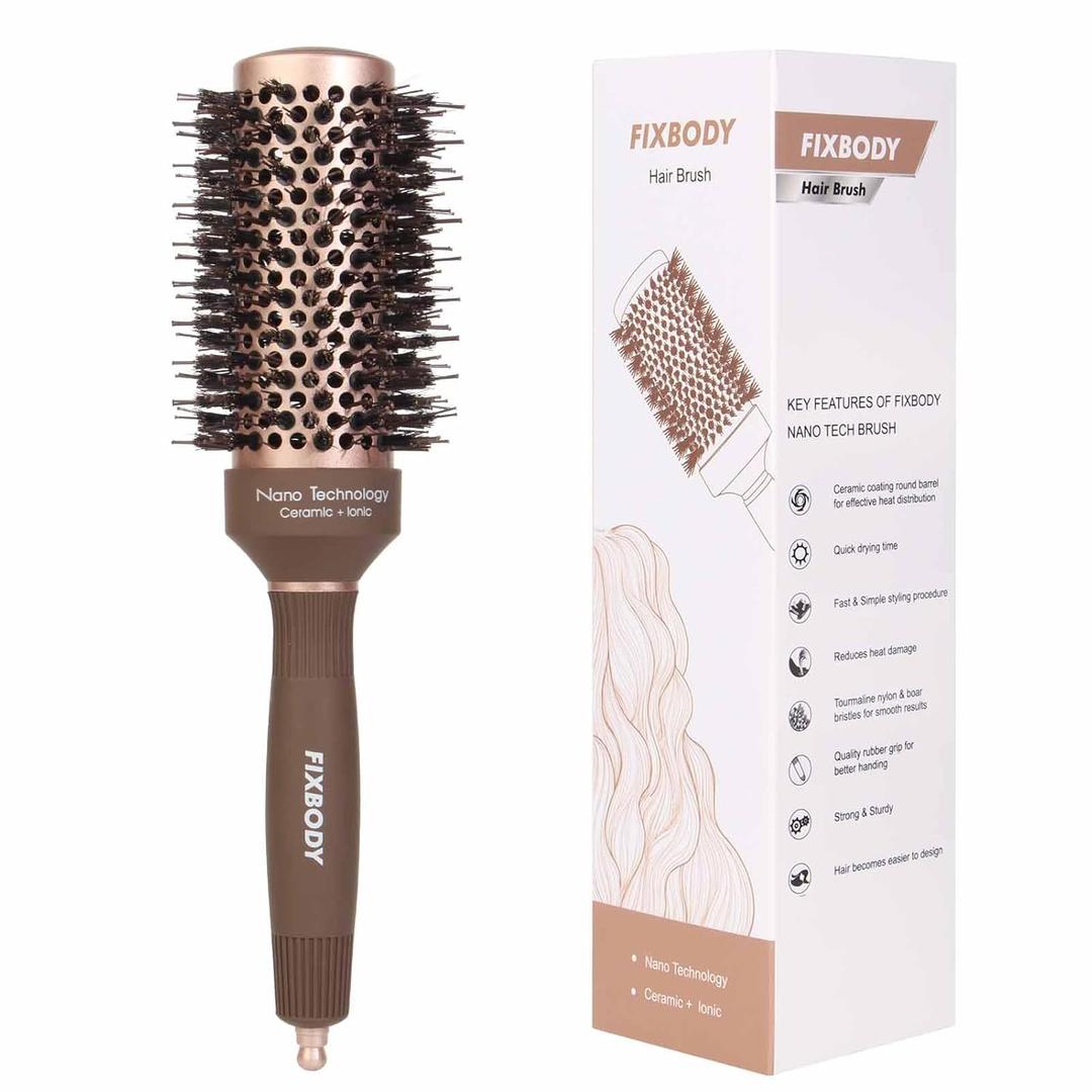 FIXBODY Hair Brush, Round Brush for Blow Drying, Curling, Styling, Nano Thermal Ceramic & Ionic Tech, Boar Bristle, Volume & Shine, Brown (3 Inch, 1.7 Inch Barrel)